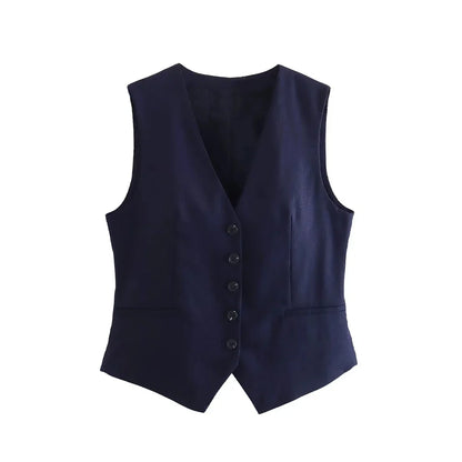 Women Fashion Front Button Linen Blend Waistcoat Vintage V Neck Sleeveless Female Outerwear Chic Vest Tops