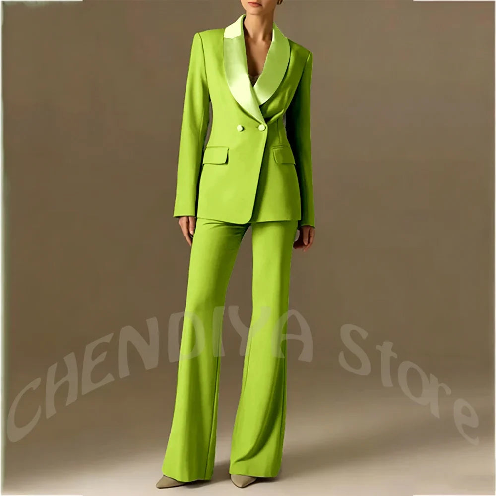 Classic Shawl Lapel Suit For Women Elegant Double Breasted Outfit Solid Color Two Piece Straight Modern Style Office Wear