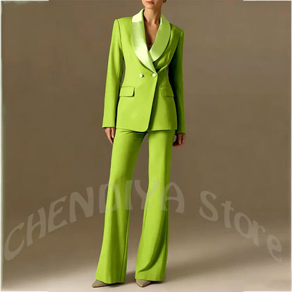 Classic Shawl Lapel Suit For Women Elegant Double Breasted Outfit Solid Color Two Piece Straight Modern Style Office Wear