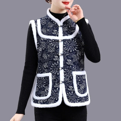 Middle-aged Mother Add Velvet Warm Vest Coat Autumn Winter New Printed Fleece Sleeveless Jacket Grandma Thicken Warm Waistcoat