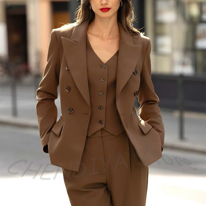 Brown Women Suit Classic Peak Laped Outfit 3 Pieces Double Breasted Straight Casual Fashion Office Lady Set(Jacket+Vest+Pants)