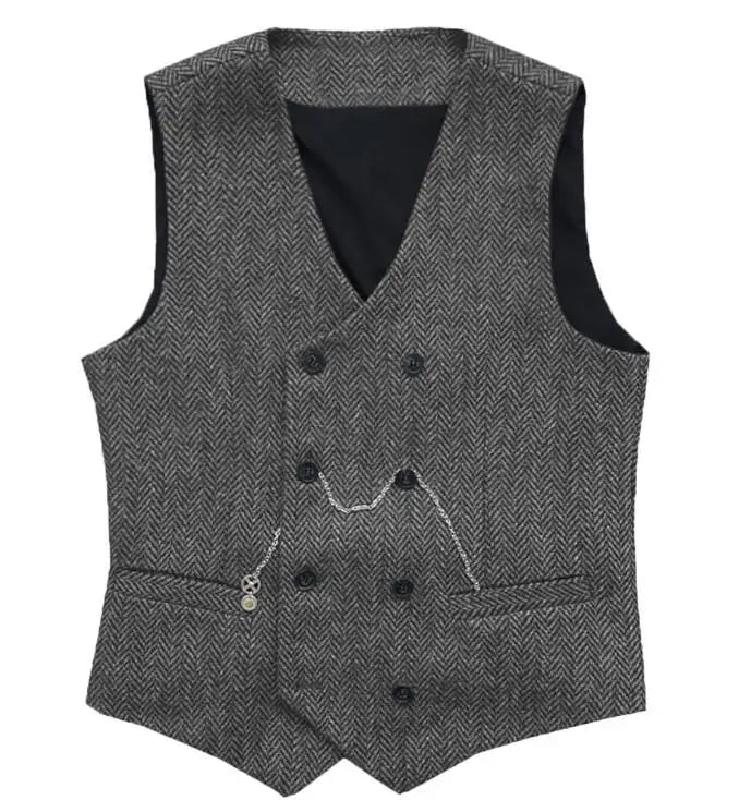 Men's Herringbone Suit Vest Double Breasted Waistcoat for Weddings and Business