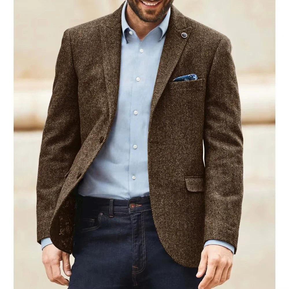 Fashion Men's Herringbone Blazer Classic Notch Lapel Jacket Elegant Slim Fit Fashion Simple Casual Business Outerwear