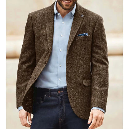 Fashion Men's Herringbone Blazer Classic Notch Lapel Jacket Elegant Slim Fit Fashion Simple Casual Business Outerwear