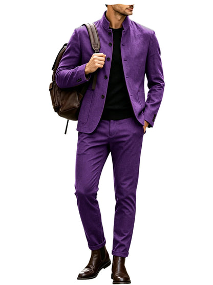 Men Stand Collar Linen Blazer Set Slim Fit 2 Pieces Jacket Pants Breathable Wrinkle‑Resistant Vintage Casual Business Outerwear