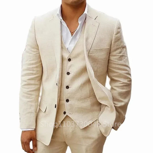 Costume de mariage 3 pièces beige/bleu en lin pour homme, costume de marié d'été, smoking décontracté de plage pour homme, ensemble veste, gilet et pantalon pour soirée de bal
