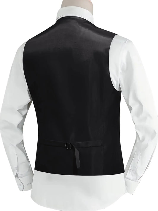 Men's Suit Vest Set with Tie and Pocket Square – V-Neck Plain Front for Weddings and Formal Events