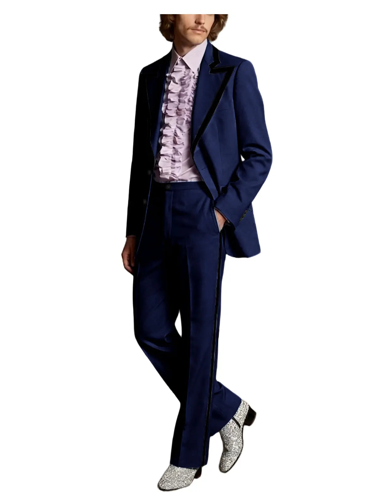 Men's Tuxedo Suit 2-Piece Slim Fit Blazer and Pants Set with Black Velvet Trim for Weddings and Formal Events