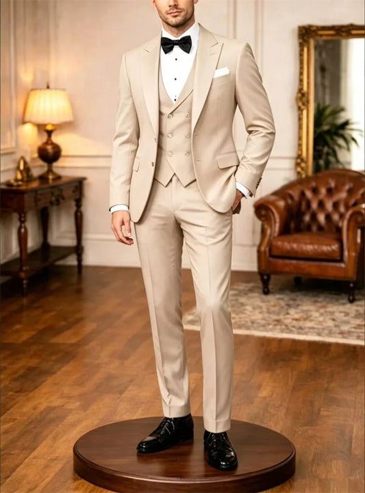 Elegant Beige Men's Tuxedo 3 Piece Suit Peak Lapel Formal Slit Men's Suits Wedding Formal Outfit Blazer+Vest+Pant Tailor Made