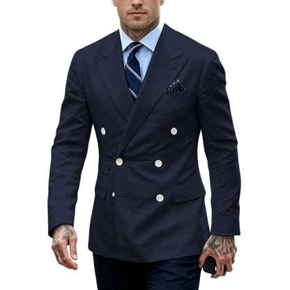 Men's Double Breasted Blazer Slim Fit Linen Suit Jacket Formal Business Casual Tuxedo for Wedding Prom Office Party Daily Wear