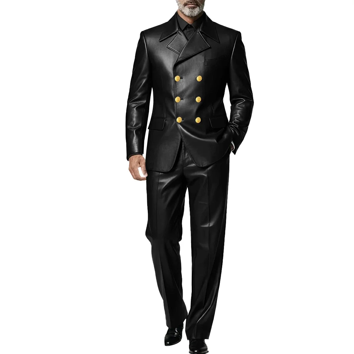 Men's Leather 2 Piece Suit Retro Double Breasted Peak Lapel Slim Fit Blazer Straight Leg Pants Formal Set Business Casual Weddin