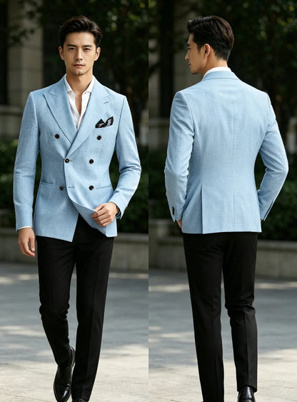 Men’s Linen Blend Suit Blazer Double Breasted Casual Peak Lapel British Style Jacket  Soft Breathable Men Suit For Summer Beach