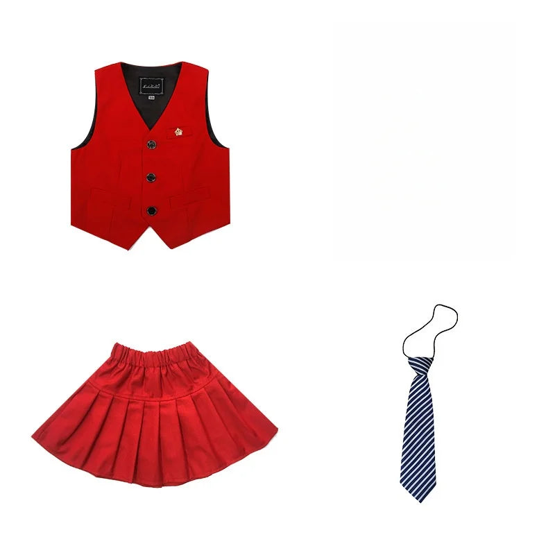 Boys Girls Summer 3Pieces School Uniform With Vest Shorts/Skirt Tie Children's Piano Host Speech Chorus Performance Costume