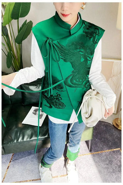 Vintage Chinese Style Vest Outerwear White Crane Embroidered Lacing Waistcoat 2025 Spring Summer Elegant Women's Clothing