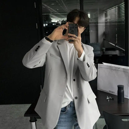 Men Minimalist Padded Shoulder Blazer Premium British Style Loose Black Suit Jacket Trendy Elegant Groom Outerwear