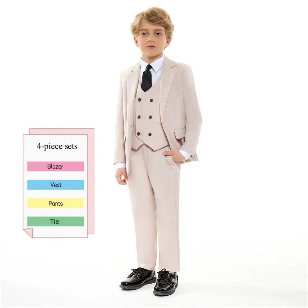 Boys 4-Piece Formal Suit Set – Single Breasted Peaked Lapel Kids Tuxedo for Weddings & Special Occasions