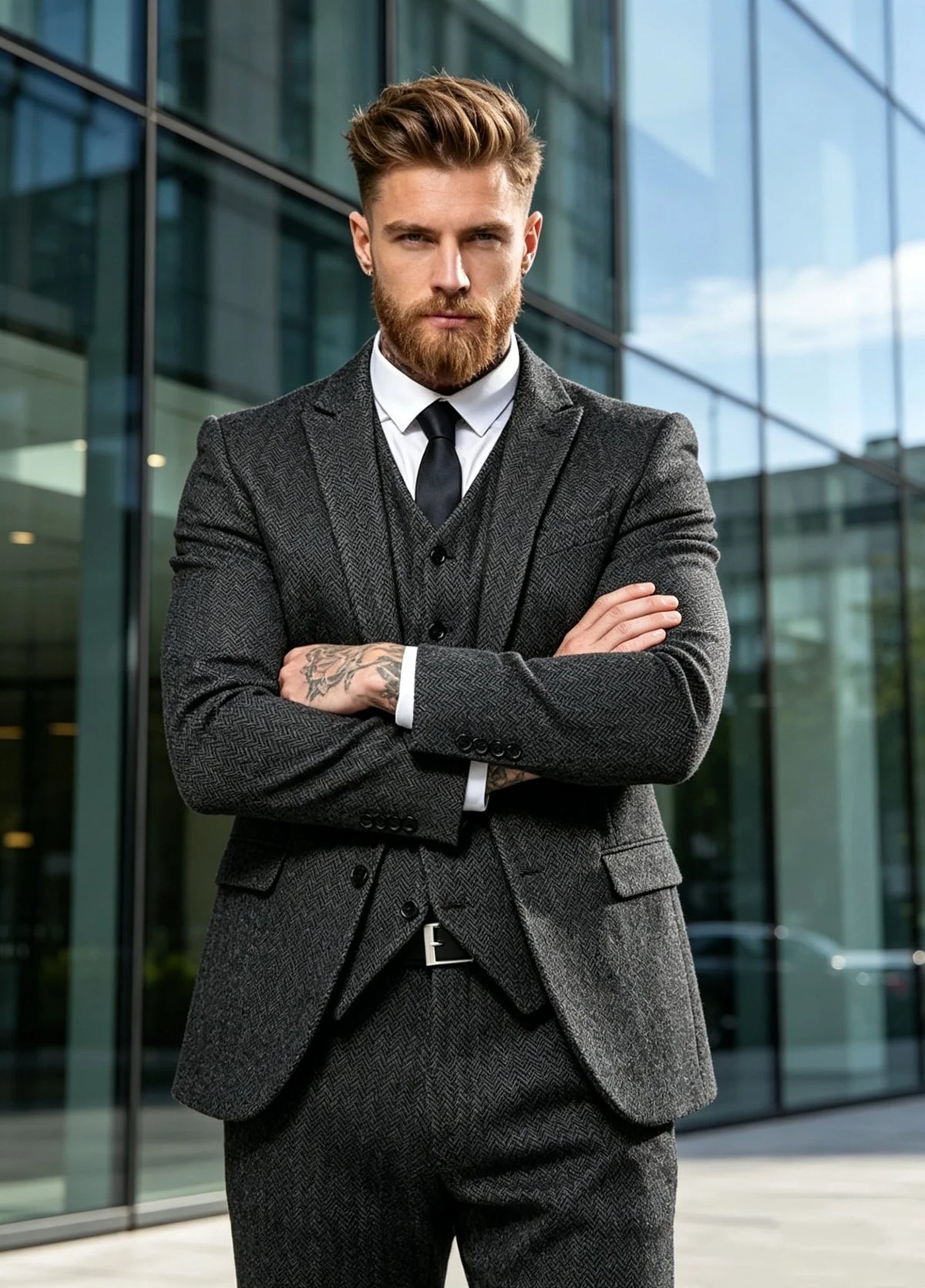 Dark Brown Wool Tweed Winter Suit for Men Herringbone Slim Fit Formal Groom Tuxedo 3 Piece Wedding Male Suits(Jacket+Vest+Pants)