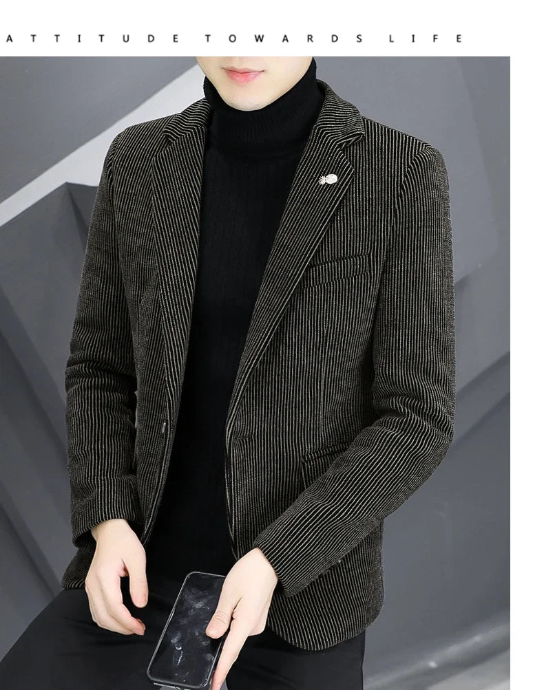 Blazer Autumn/Winter Golden Sable Velvet and Cotton Thickened Thermal Small Suit Fashion Business Men's Slim Blazer