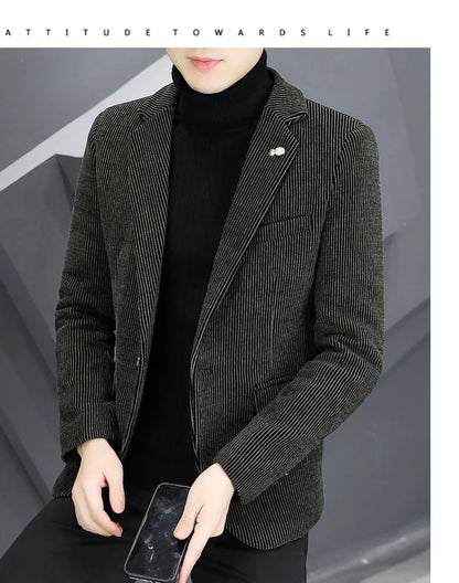 Blazer Autumn/Winter Golden Sable Velvet and Cotton Thickened Thermal Small Suit Fashion Business Men's Slim Blazer