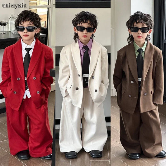 Boys Woollen Loose Blazer Jacket Pants Suits Kids Formal Dress Performance Casual Clothes Sets Child Toddler Party Leisure Suit