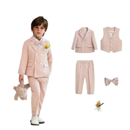 Kids 5Pieces Pure Pink Suit Set With Jacket Vest Pants Bowtie Brooch Boys Wedding Birthday Party Piano Performance Costume