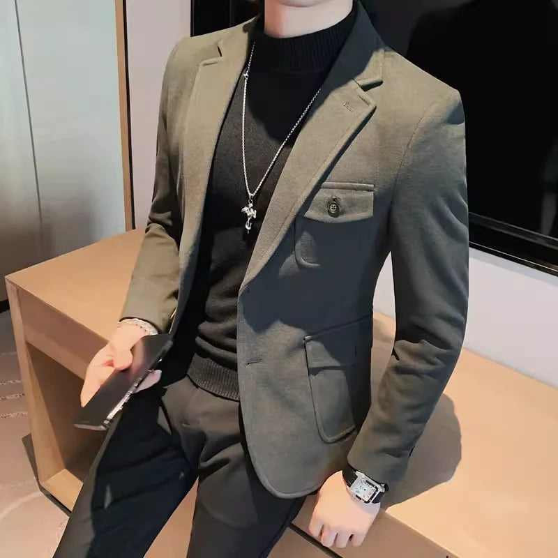 Men's High-Quality Tweed Suit Jacket 2024 Fashion Handsome Winter Thick Solid Color Business Casual Versatile