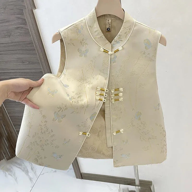 Spring Autumn Chinese Style Sleeveless Vest Coat For Women Stand Collar Jacquard Waistcoat Spring Summer Thin Lined Tank Tops