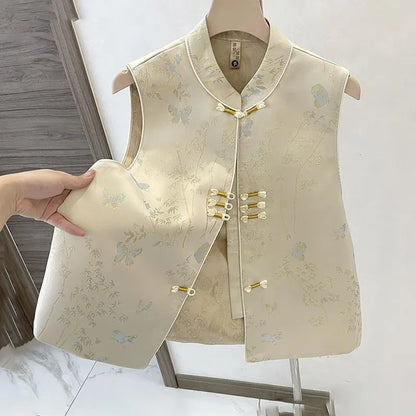 Spring Autumn Chinese Style Sleeveless Vest Coat For Women Stand Collar Jacquard Waistcoat Spring Summer Thin Lined Tank Tops