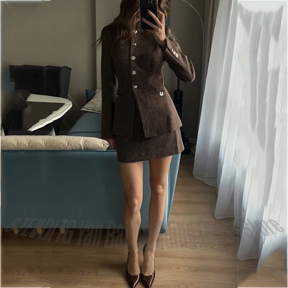 Classic Stand Lapel Women's Suit Two Pieces Single Breasted Slim Fit Lady Set Outfit Elegant Modern Jacket With Short Skirt