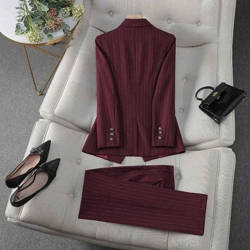 Fashion Autumn Winter Ladies Pant Suit Women Blue Striped Female Business Work Wear Jacket Blazer and Trouser Formal 2 Piece Set