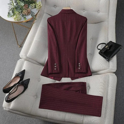 Fashion Autumn Winter Ladies Pant Suit Women Blue Striped Female Business Work Wear Jacket Blazer and Trouser Formal 2 Piece Set
