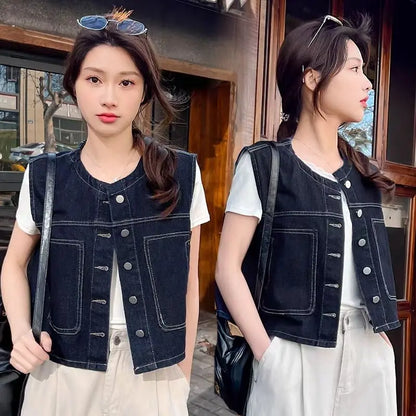 Retro Loose Thin Denim Vest Coat Women's Spring Summer Versatile Casual Sleeveless Jeans Jacket Korean Short Denim Waistcoat