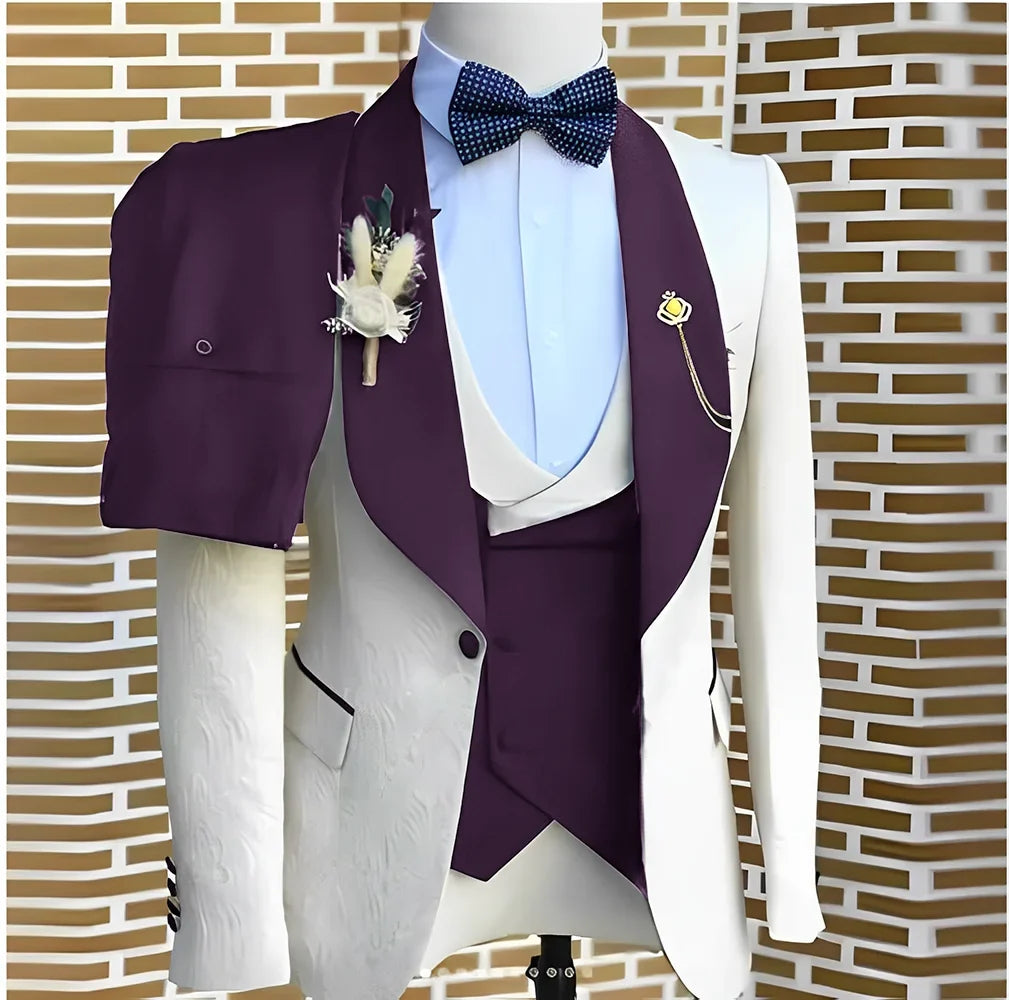 White Jacquard Elegant suits Men For Wedding Formal Jacket Vest Pants 3 Pieces Groomsman Tuxedos Tailored Male Fashion Clothing