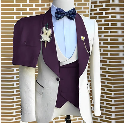 White Jacquard Elegant suits Men For Wedding Formal Jacket Vest Pants 3 Pieces Groomsman Tuxedos Tailored Male Fashion Clothing
