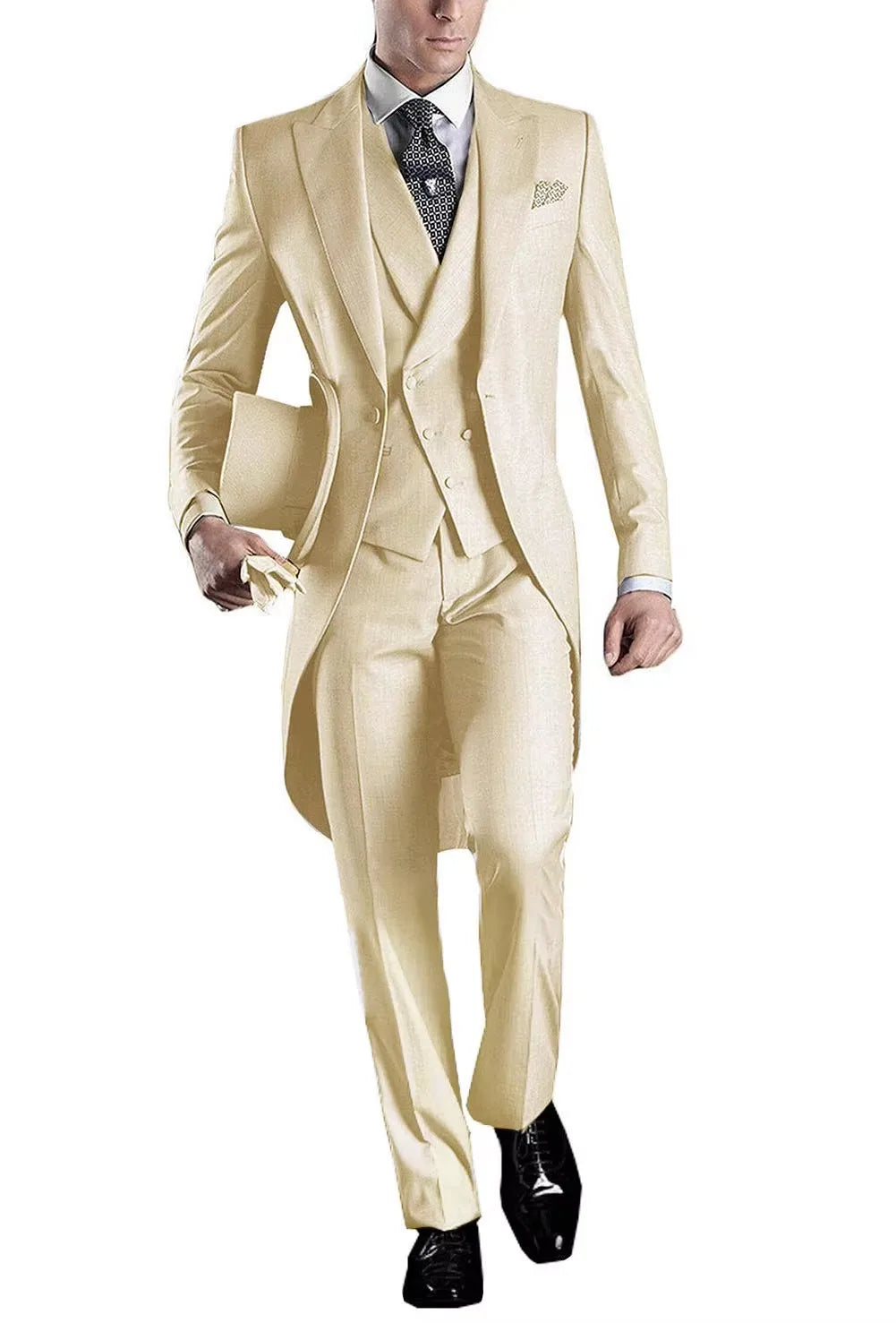 Men's 3-Piece Solid Long Tailcoat Tuxedo Set Formal Wedding Groom Clothing Jacket Pants Vest for Prom Party Fashion Male Suits
