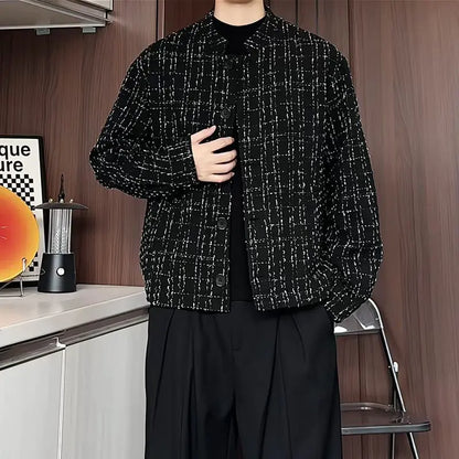 Men's Spring High-End Plaid Blazer Bad Boy Style Cropped Jacket Chinese Stand Collar Suit Outerwear