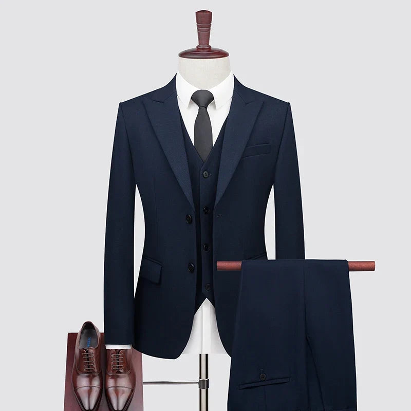 Men's High-End Wool Suit Three-Piece Set Business Casual Fashion Tencel Vest Trousers Bridegroom Wedding Dress