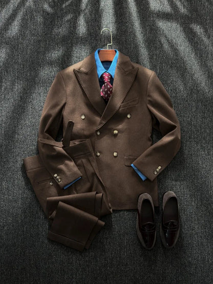 Men Business Work Formal Suits Host Banquet Groom Blazer Two Piece Set Long Sleeve Double Breasted Ankle Length Pant Outfits