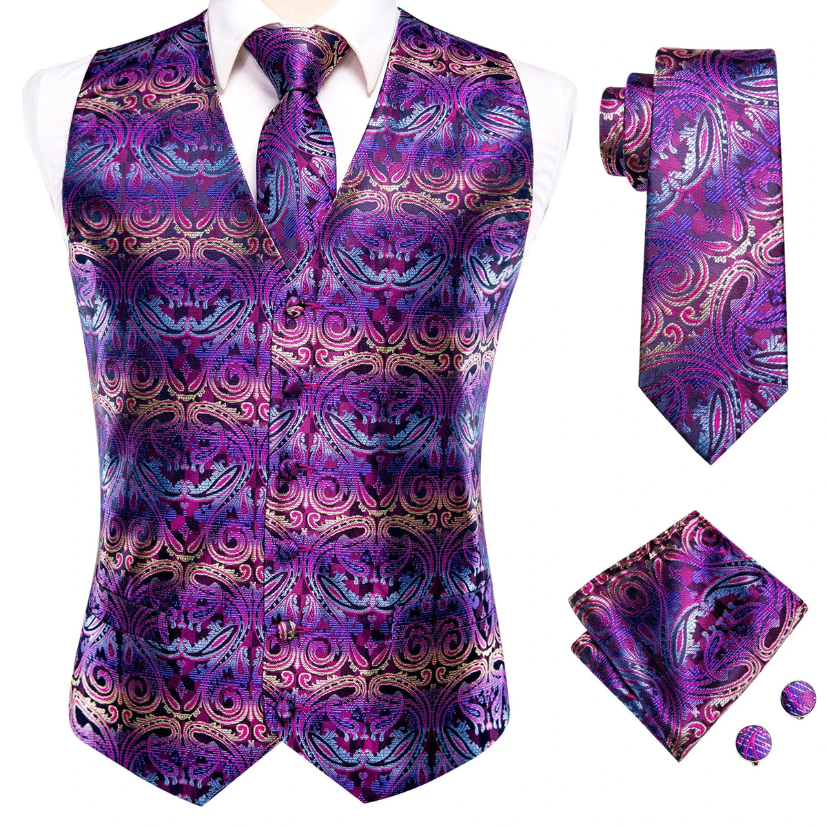 Men's Floral Paisley Vest and Tie Set – Formal Waistcoat with Necktie and Pocket Square for Weddings and Business Events