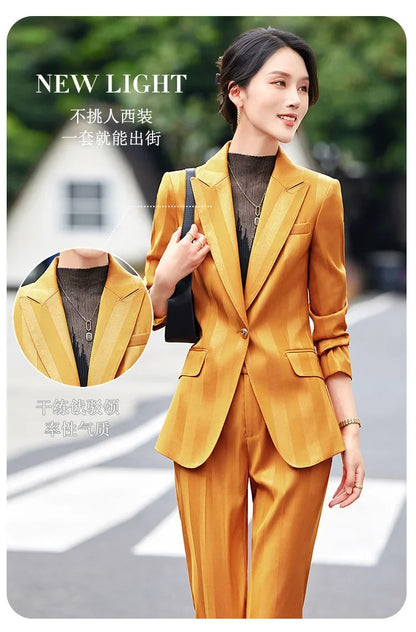 Women Blazer Pants Sets Yellow Two Pieces 2024 Autumn Workwear Trousers Formal Striped Navy Blue Long Sleeve Tops Pantsuit
