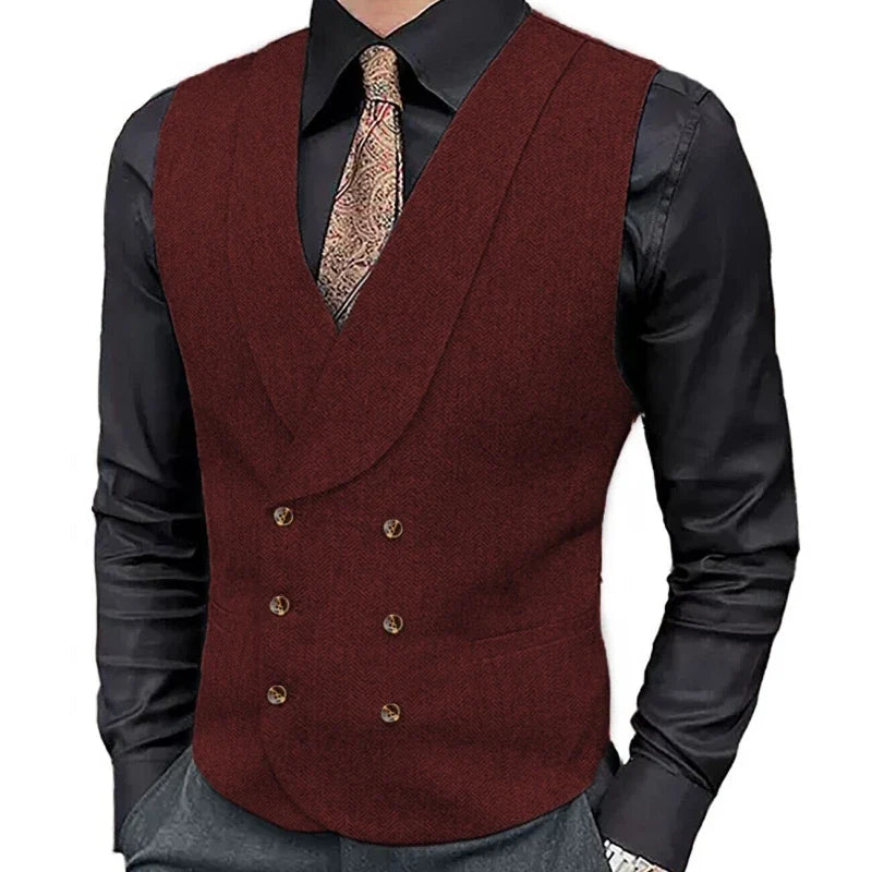 Men's Herringbone Double-Breasted Vest with Lapel – Brown Suit Waistcoat for Wedding & Formal Occasions