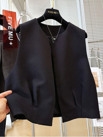 Women Blazer Vest New Spring Summer O-Neck Lined Coat Cardigan Sleeveless Jacket Casual Solid Short Suits Waistcoat Tank Tops