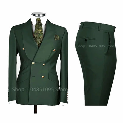 2 PCS Men's Smart Casual Solid Formal Tuxedo Suits with Shawl Lapel Double Breasted Jacket And Pants for Business And Wedding
