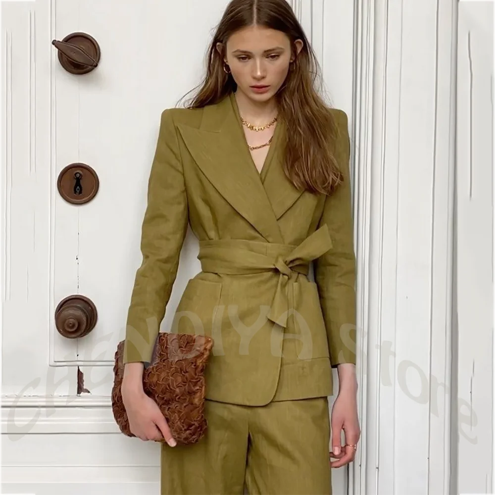 Slim Fit Women Suit With Belt Wide Peaked Lapel 2Pieces(Jacket+Pants) Straight Fit High End Fabric Business Office Outfit