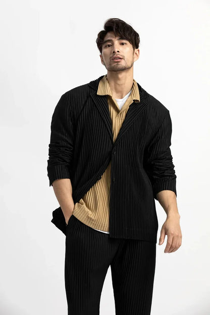 Men's Miyake Pleated Style Blazer Jacket Japanese Casual Stretch Slim Fit Business Office Fashion Luxury Wrinkle Resistant Coat