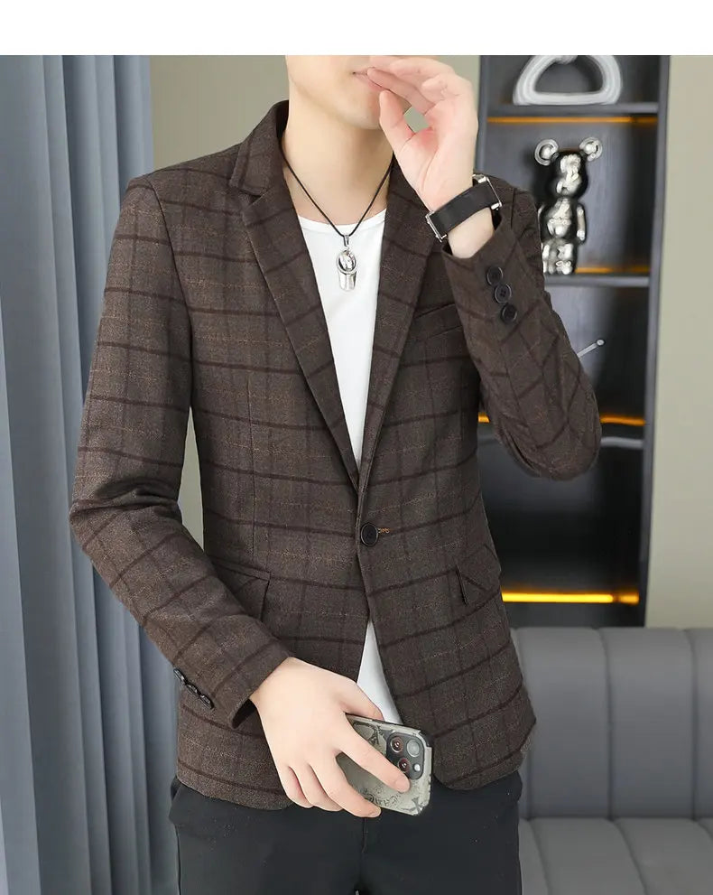 2026 Blazer Outdoor Men's Checked Fashion Business Trend Wedding Slimming Gentleman Casual Korean Travel High Formal Wear Blazer
