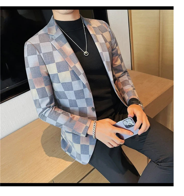 Brand Luxury Plaid Suit Jacket for Men 2023 Autumn Casual Blazer Masculino Fashion Slim Business Wedding Groom Social Dress Coat