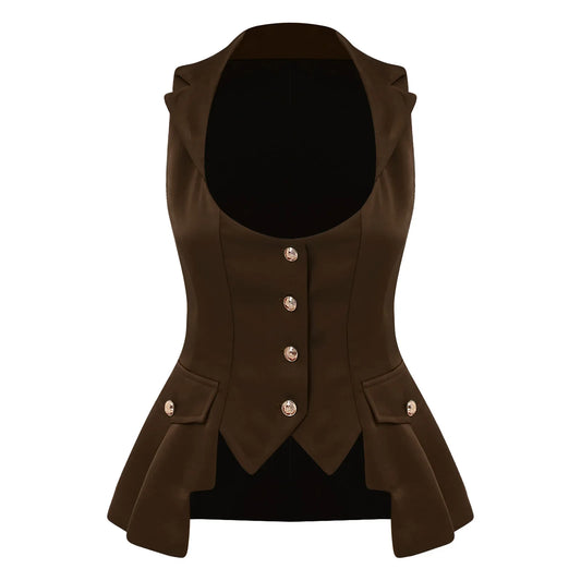 Women Victorian Satin Waistcoat Tank Top Medieval Sleeveless Vests Renaissance Ruffled Vest for Halloween Punk Goth Clothing