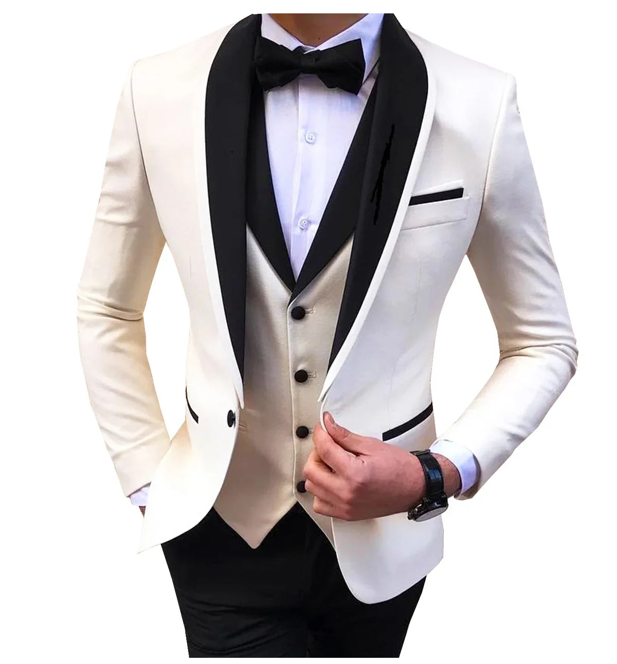 White Slit Mens Suits 3 Piece Black Shawl Lapel Casual Groom Tuxedos for Wedding Groomsmen Suits Men 2025 (Blazer+Vest+Pant)