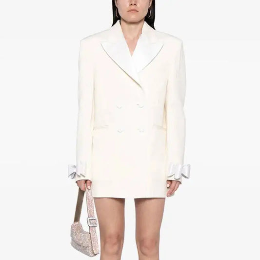Spring Autumn New Women's Blazer Dress Double Breasted Notched Collar Bowknot Cuffs Elegant High-end Office Lady Coat H2700